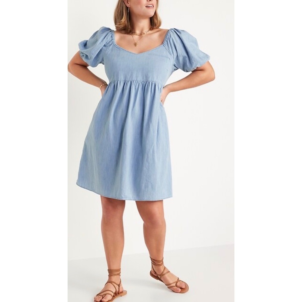 Old Navy Sz XL Smock Chambray AllDay Fit Flare Dress puff sleeve sweetheart neck